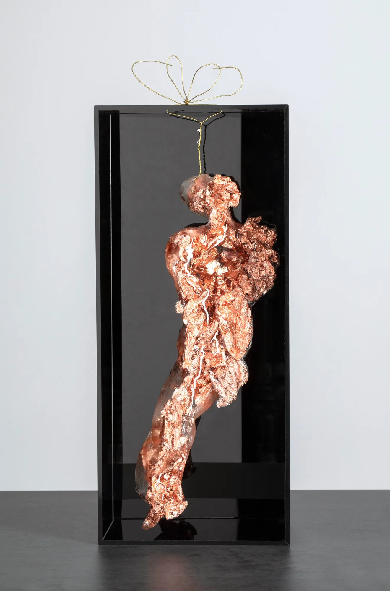 Copper Homonile in black box 2, resina, plexiglas, foglia rame, opera di Stefania Mecucci