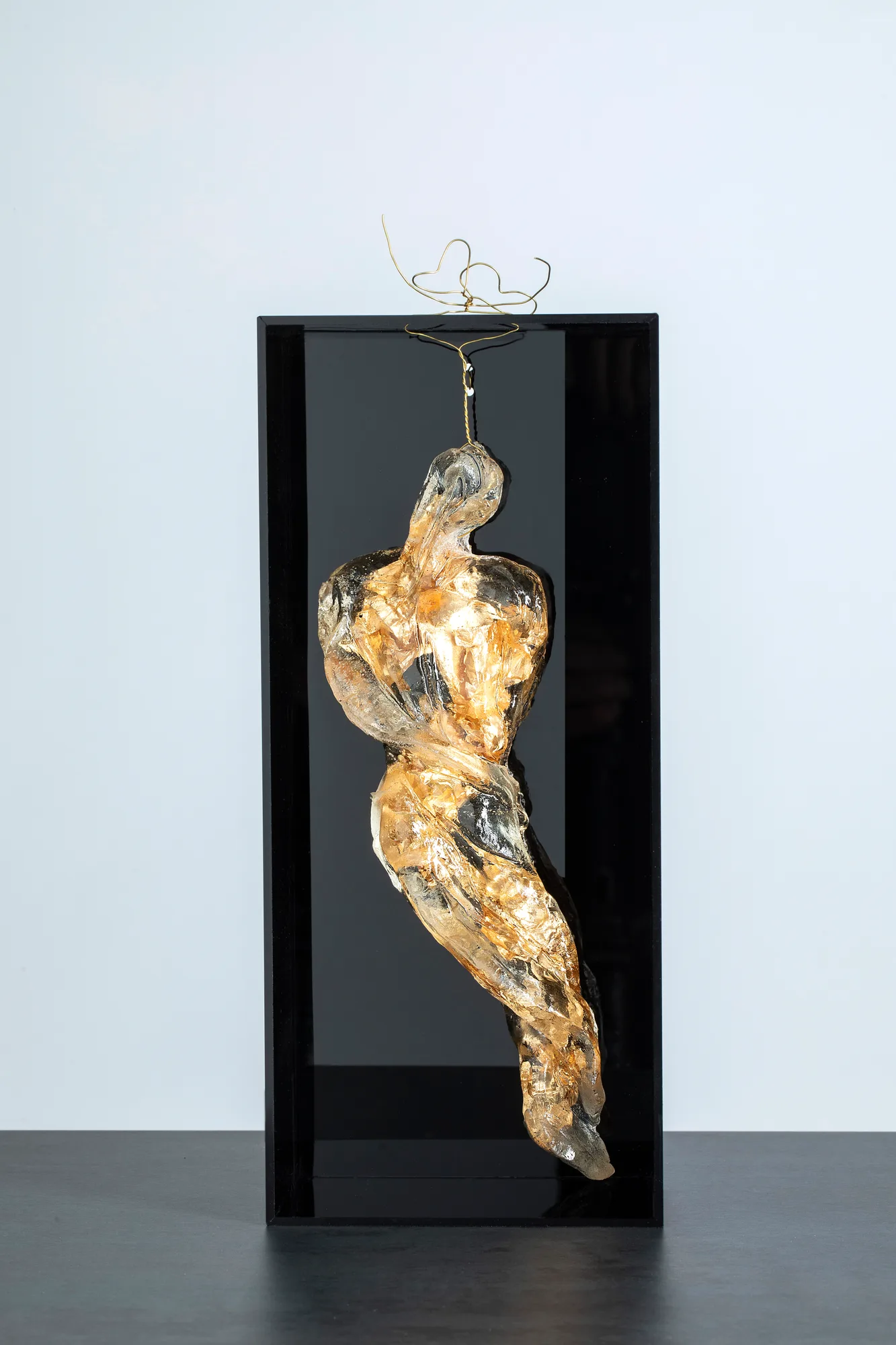 Gold Homonile in black box 6, resina, plexiglas, foglia oro, opera di Stefania Mecucci